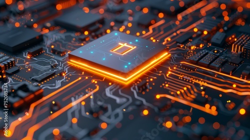 Ineon data flow concept: info symbol on microchip illuminated in orange. Futuristic motherboard with cpu, users connected. 3d render, it technology background photo