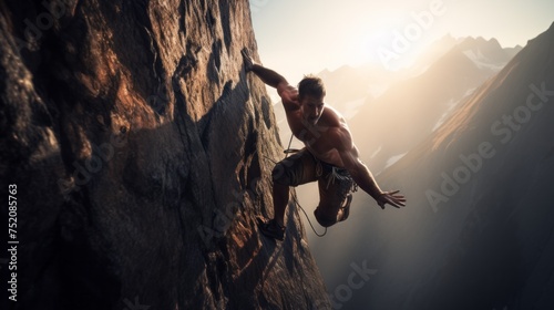 A muscular Athletic Man, a climber descending from a cliff with a safety net on the background of Mountains. Extreme outdoor sports, Active lifestyle, travel concepts. Horizontal banner, Copy space. © liliyabatyrova