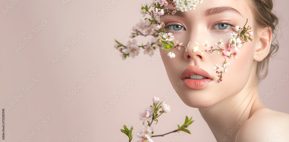 Beautiful young woman with spring flowers on her face. Spring beauty concept.