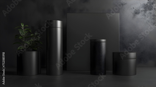 A black and white photo of four black containers and a plant