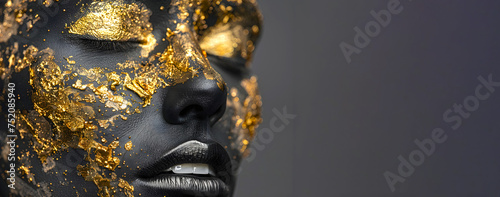 Portrait of a beautiful woman with black body art and gold paint on her face. Design project for natural cosmetic products
