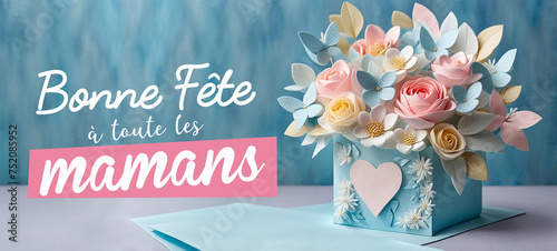 Banner, bannière, carte message cœur avec une composition de fleurs pour la fête des mères - IA générative photo