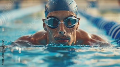A male swimmer wearing goggles swims through a pool with focused determination © Elmira