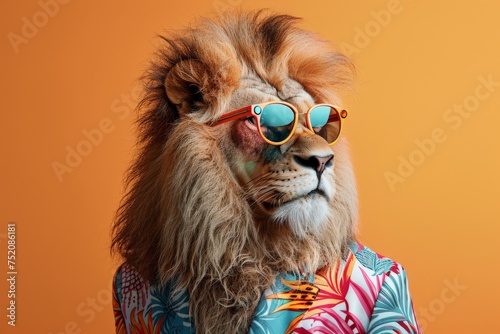 a stylish Lion wearing sunglasses and summer suit on color background, animal funny pop art photo