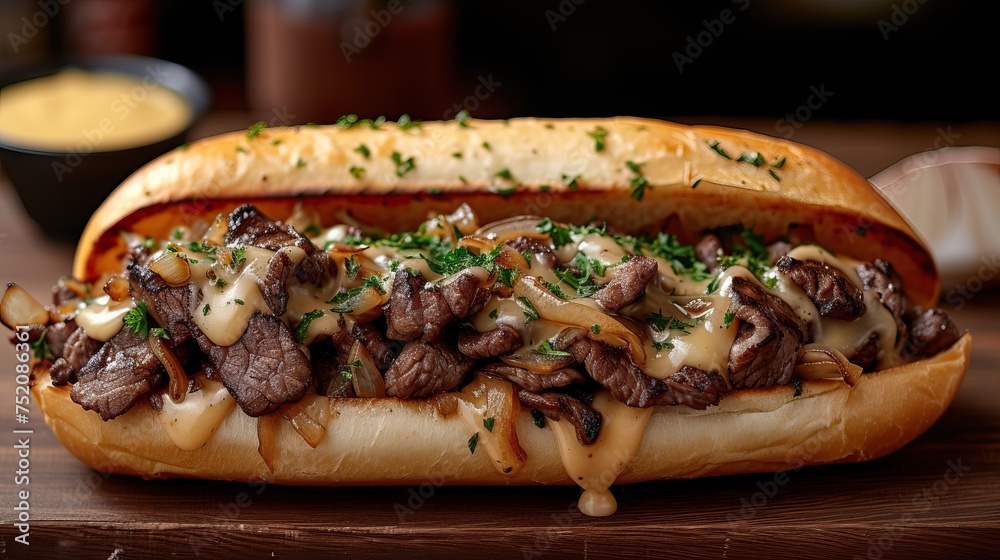 Philadelphia Cheesesteak with succulent beef strips, cheese sauce and onions Philadelphia Cheesesteak with succulent beef strips, cheese sauce and onions