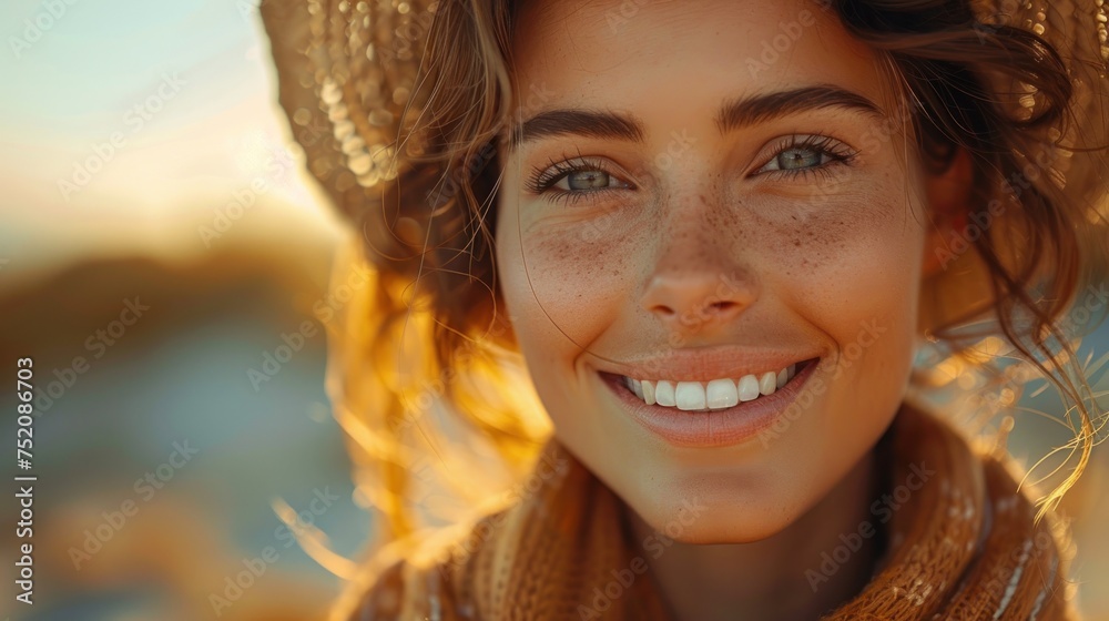 A woman with a smile wearing a hat and scarf A woman with a smile wearing a hat and scarf