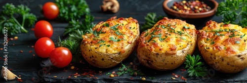 Baked potatoes topped with cheese and herbs against a black backdrop