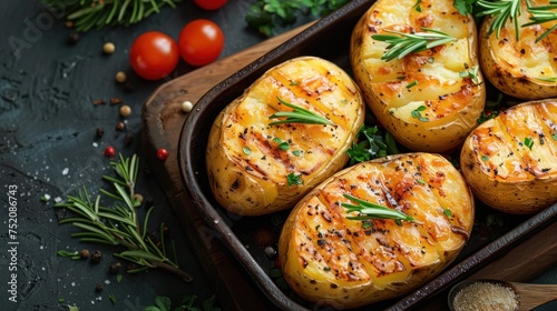 Freshly baked potatoes with flavorful herbs in a baking dish