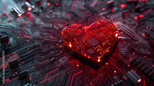 heart-shaped electronic circuit on a motherboard, with red lights and intricate patterns, representing a blend of technology and emotion 