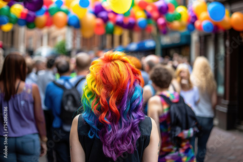 A person with vibrantly dyed rainbow hair celebrates diversity and equality among a crowd during Gay Pride Day, symbolizing LGBT solidarity