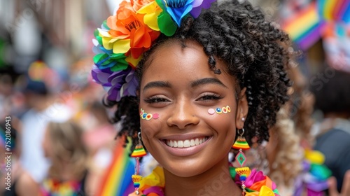 A woman wearing a rainbow outfit smiles directly at the camera