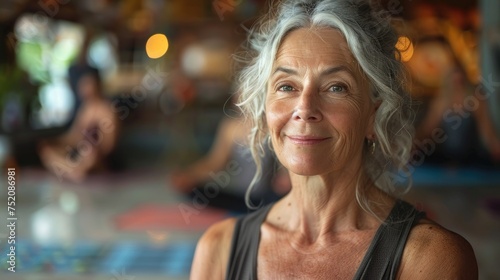 A woman with grey hair wearing a black tank top