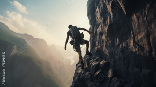 A muscular Athletic Man, a climber descending from a cliff with a safety net against the background of Mountains and sky. Extreme outdoor sports, Active lifestyle, travel concepts. Horizontal banner.