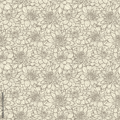 Vintage brown dahlia floral pattern, seamless repeating backgorund with flower illustrations