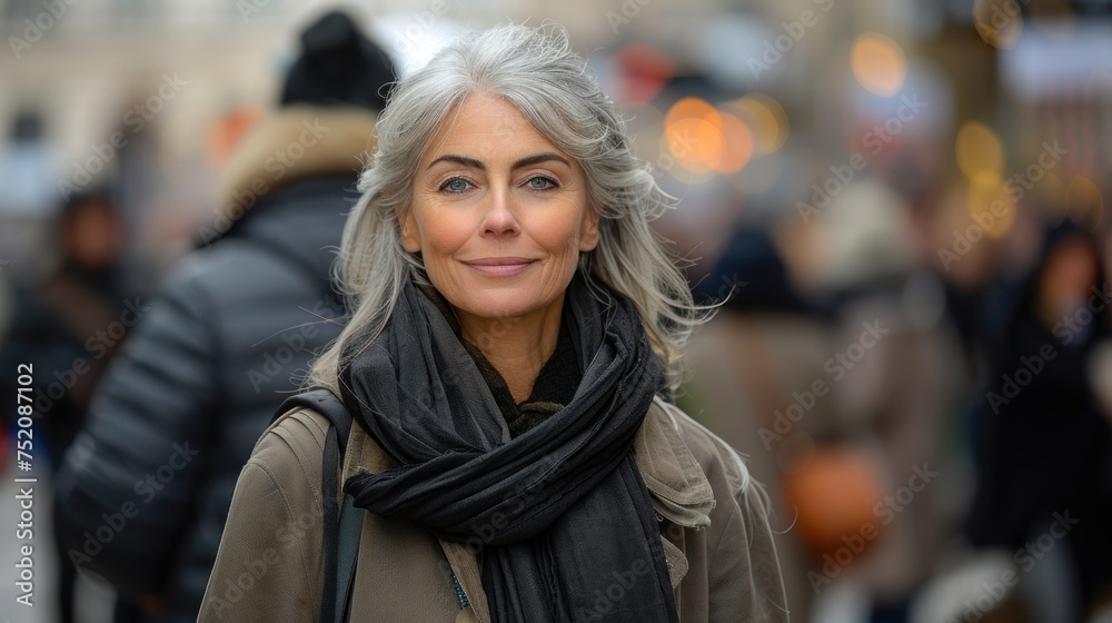 A woman with grey hair wearing a black scarf