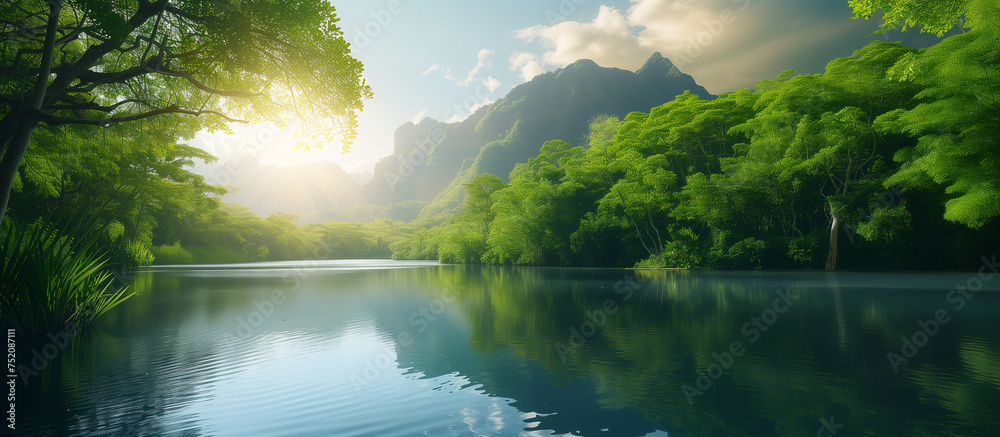 A beautiful, serene landscape with a large body of water A beautiful, serene landscape with a large body of water