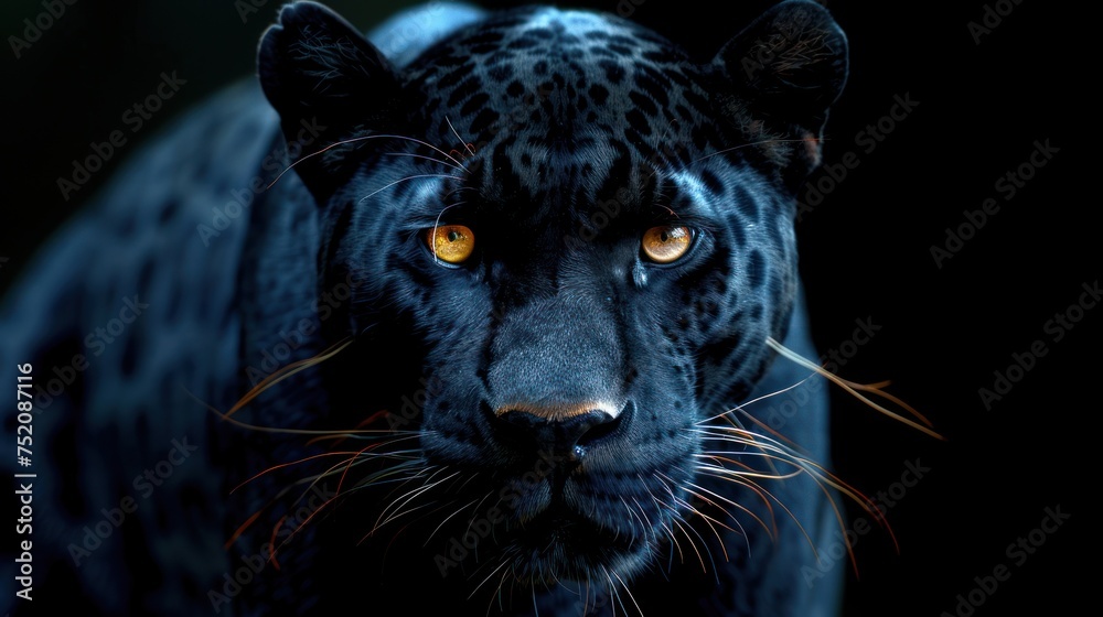 Close up view of a black leopard staring intensely with bright yellow eyes Close up view of a black leopard staring intensely with bright yellow eyes