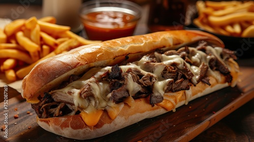 Philadelphia Cheesesteak with succulent beef strips, cheese sauce and onions