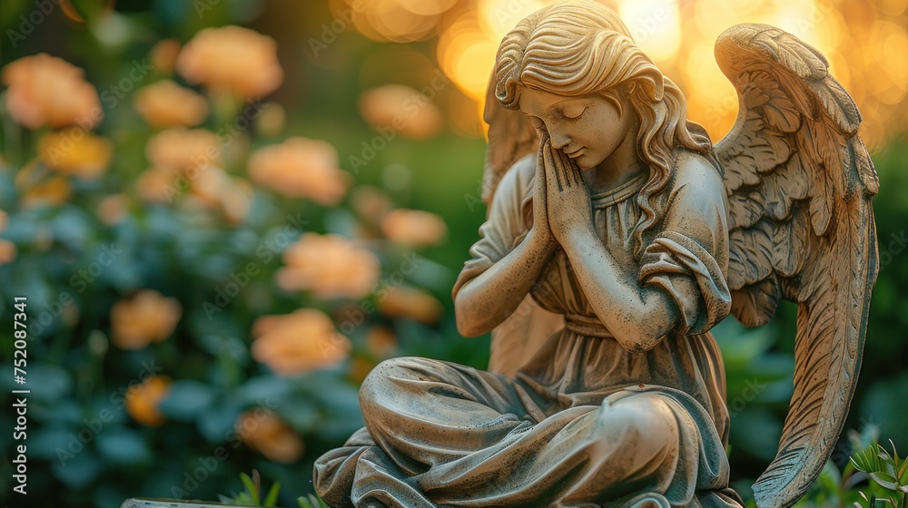 A statue of an angel kneels in prayer in a lush garden setting