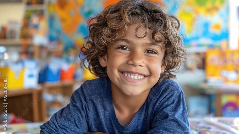 A young boy sits at a table, smiling happily A young boy sits at a table, smiling happily