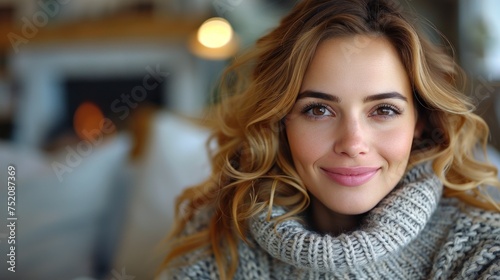 Close-up of a smiling woman in a warm sweater