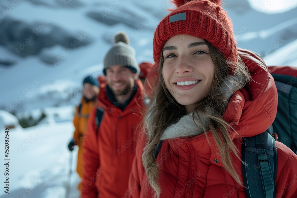 A group of tourists stand in the mountains in winter and look at the camera holding a camera or smartphone. Selfie shot of group of hikers in the mountain