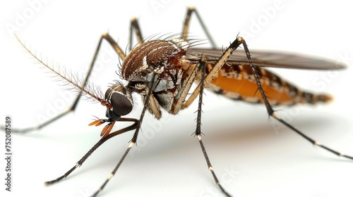 Detailed view of a mosquito against a stark white background