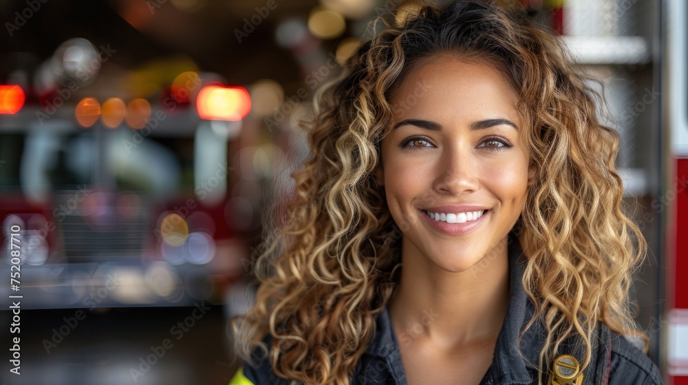 A woman poses confidently in front of a red fire truck A woman poses confidently in front of a red fire truck