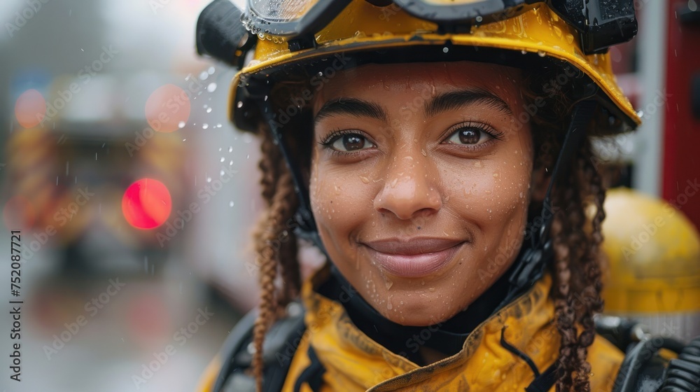 A woman wearing a firemans helmet and goggles A woman wearing a firemans helmet and goggles