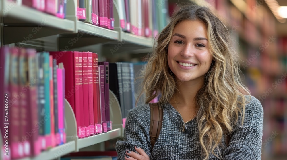 A woman stands in front of a bookshelf A woman stands in front of a bookshelf
