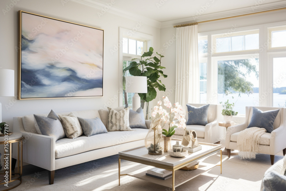 Coastal elegance in a living room adorned with navy and coral accents, bathed in the soft glow of summer light streaming through sheer curtains and embracing modern comfort - obrazy, fototapety, plakaty 