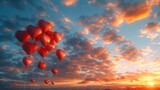 Heart Icons as Balloons in a Festive Sky, a 3D-rendered sky filled with heart-shaped balloons, each balloon carrying messages of love and affection, floating away into a sunset horizon