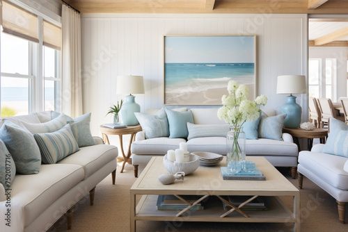 Coastal comfort in a living space adorned with aqua and navy hues  where driftwood-inspired decor and plush white furnishings create a modern retreat inspired by the essence of summer