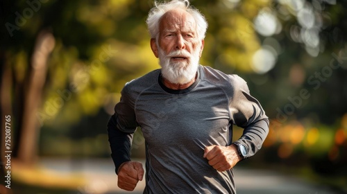 An elderly man is jogging through a park on a sunny day