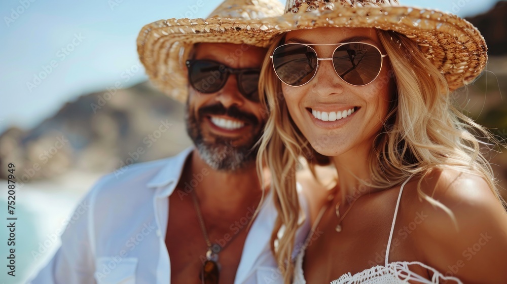 Obraz premium A man and a woman wearing hats and sunglasses in a casual outdoor setting