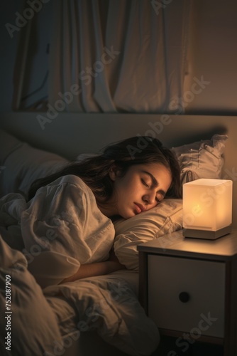 a woman sleeping in her bed with a little nightlight on photo