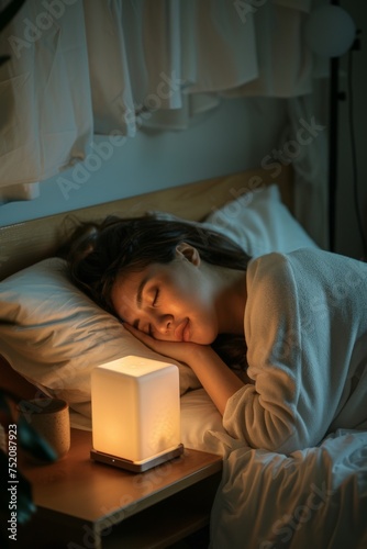 a woman sleeping in her bed with a little nightlight on