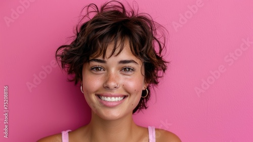 Short-haired woman posing against a pink background