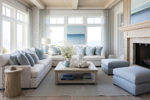 Coastal serenity in a summer-inspired living room with navy and aqua accents, where driftwood textures and plush furnishings come together to create a harmonious retreat