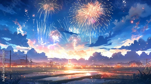 打ち上げ花火の風景、水田に映る花火のアニメ風イラスト