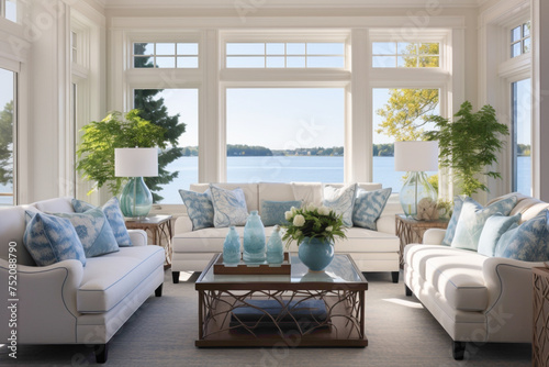Coastal serenity indoors, with aqua throw pillows adorning plush white sofas, framed by navy accents and panoramic windows that capture the essence of a sunlit summer day © Danish