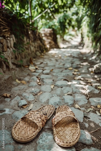 Sandals Resting on Stone Path photo