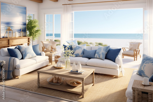 Coastal sophistication in a living space adorned with marine blues and crisp whites, accented by golden hues, creating a timeless retreat that mirrors the beauty of summer © Danish