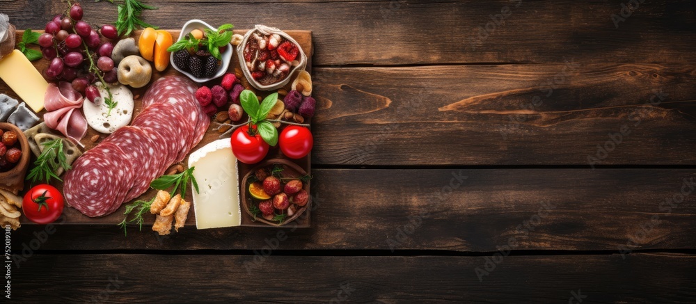 Mouthwatering Antipasti Platter Overflowing with Italian Delicacies on Rustic Wooden Table - obrazy, fototapety, plakaty 