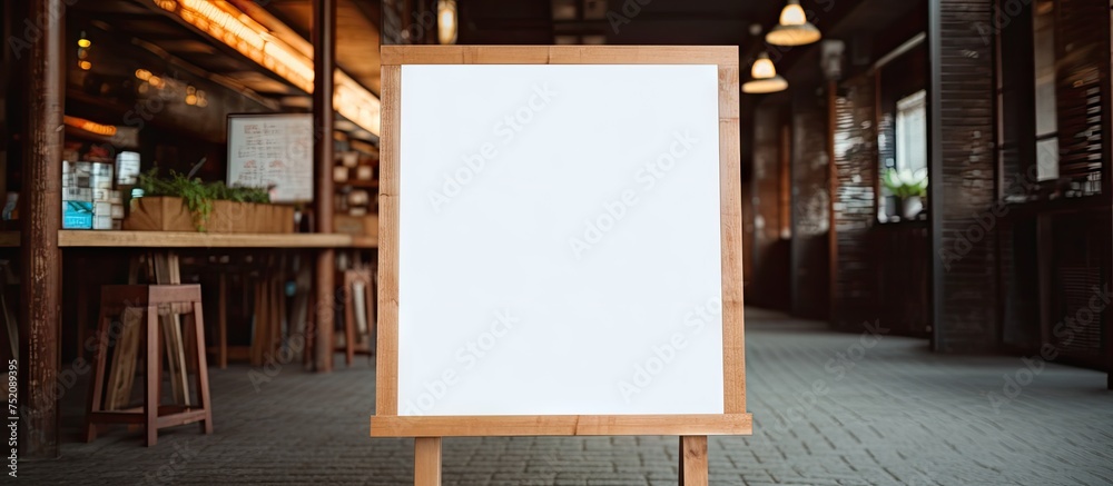 Rustic Charm: White Sign on Wooden Easel in Cozy Restaurant Ambiance Rustic Charm: White Sign on Wooden Easel in Cozy Restaurant Ambiance