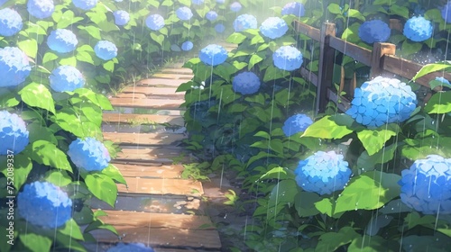 雨とあじさい、梅雨の季節の風景のアニメ風イラスト photo
