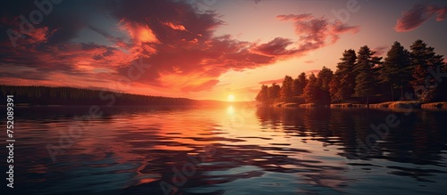 Radiant Sunset Casting Warm Glow over Tranquil Lake with Serene Reflection of Trees