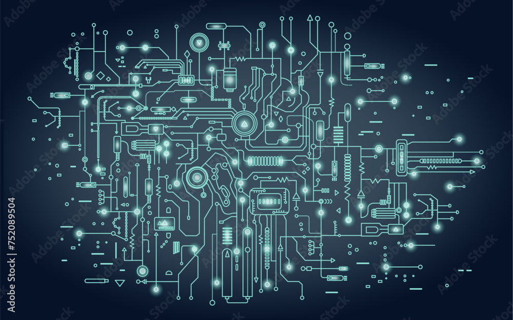 Circuit board illustration. Abstract technology background. Artificial intelligence concept.