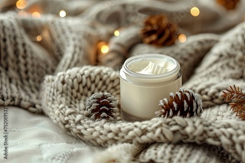 A cozy winter skincare scene with rich creams and a knitted background