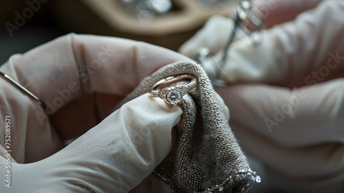 Jeweller cleaning jewelry diamond ring with fabric cloth